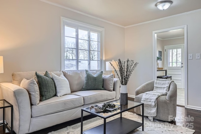 living room featuring baseboards, ornamental molding, and wood finished floors