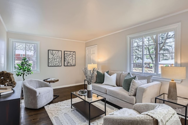 living room with dark wood-style floors, baseboards, and ornamental molding