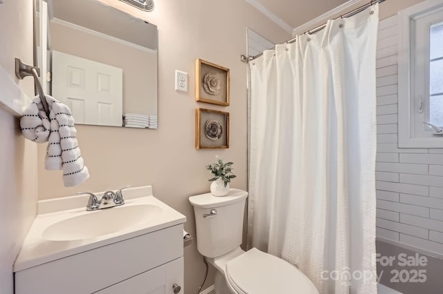 full bathroom featuring shower / tub combo, crown molding, vanity, and toilet