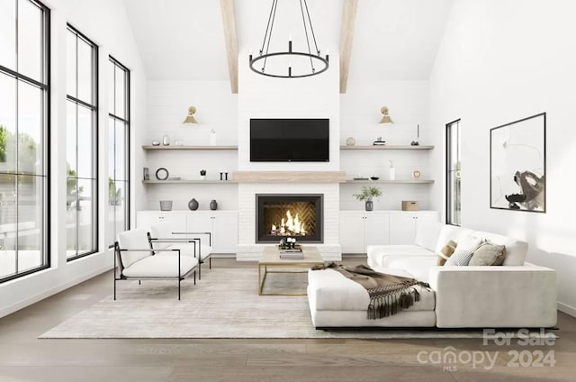 living room featuring beam ceiling, a large fireplace, high vaulted ceiling, and hardwood / wood-style flooring