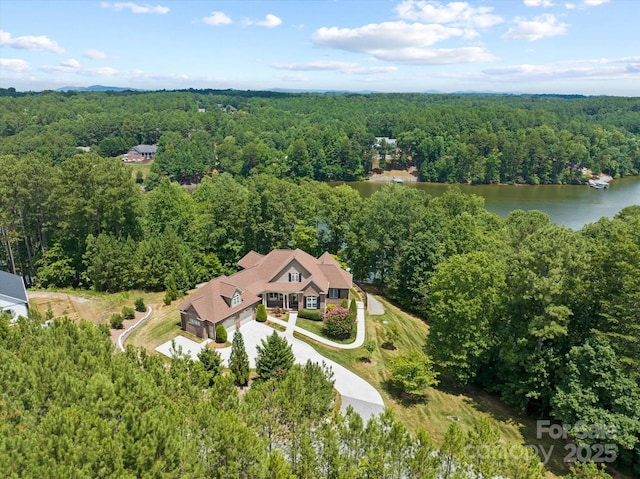 bird's eye view with a water view and a wooded view