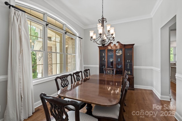 dining area featuring plenty of natural light, crown molding, baseboards, and wood finished floors