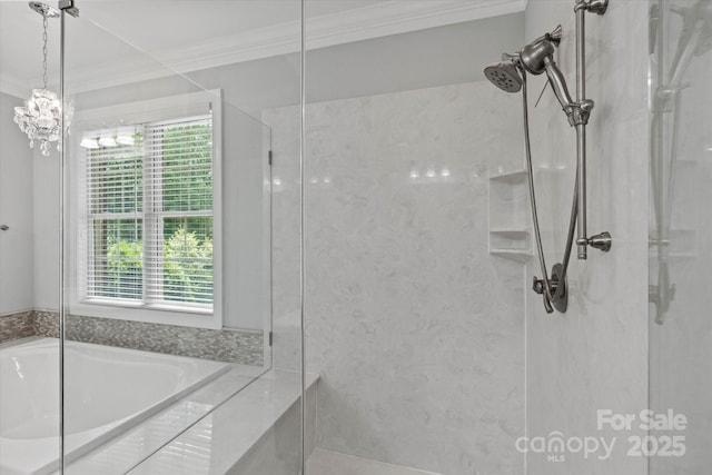 full bath with ornamental molding, a stall shower, and a garden tub