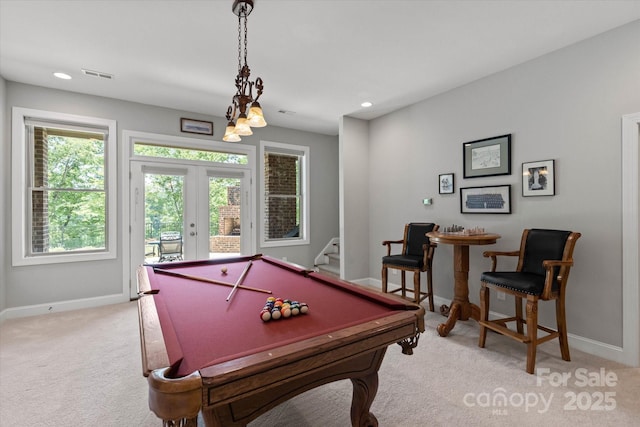 rec room featuring recessed lighting, light carpet, visible vents, baseboards, and french doors