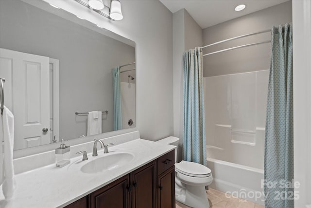 full bath with shower / bath combination with curtain, vanity, toilet, and tile patterned floors