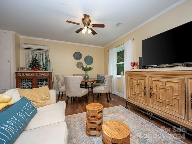 living room featuring ceiling fan, a wall mounted AC, ornamental molding, and hardwood / wood-style floors