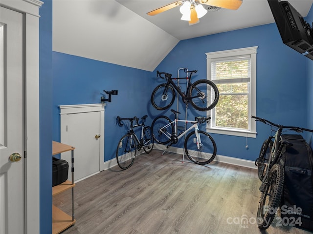 exercise room featuring ceiling fan, a healthy amount of sunlight, vaulted ceiling, and light hardwood / wood-style floors