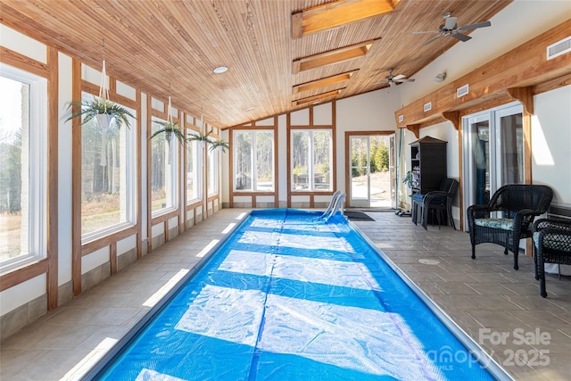 view of pool featuring ceiling fan