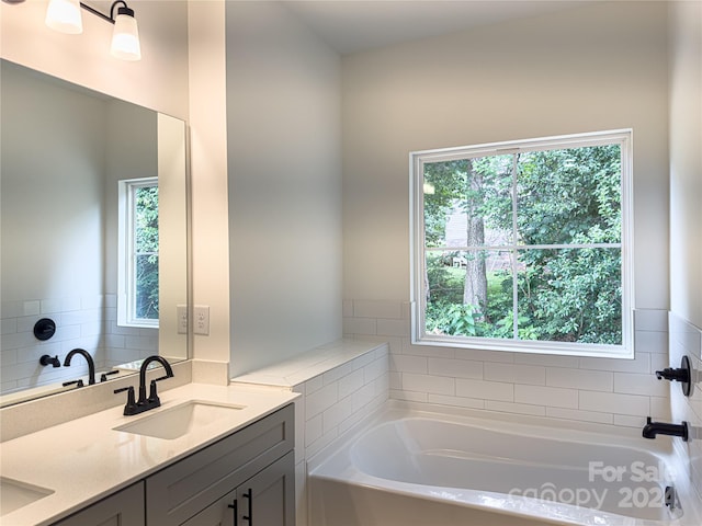 bathroom with a bathing tub, a wealth of natural light, and vanity