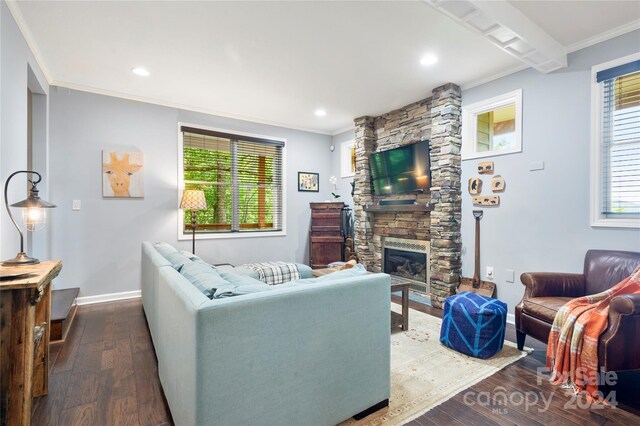 living room with a fireplace, dark hardwood / wood-style flooring, and ornamental molding