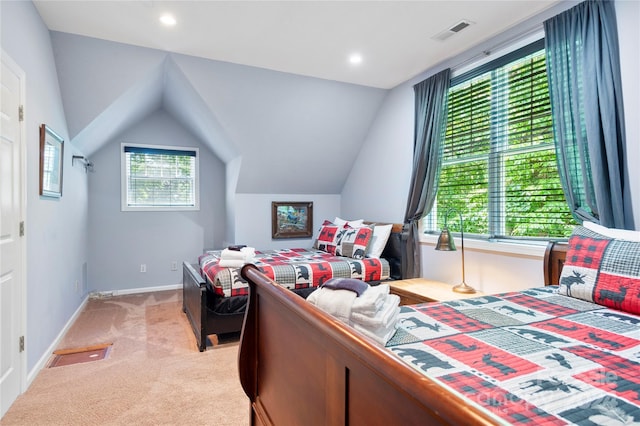 bedroom with baseboards, visible vents, light colored carpet, lofted ceiling, and recessed lighting