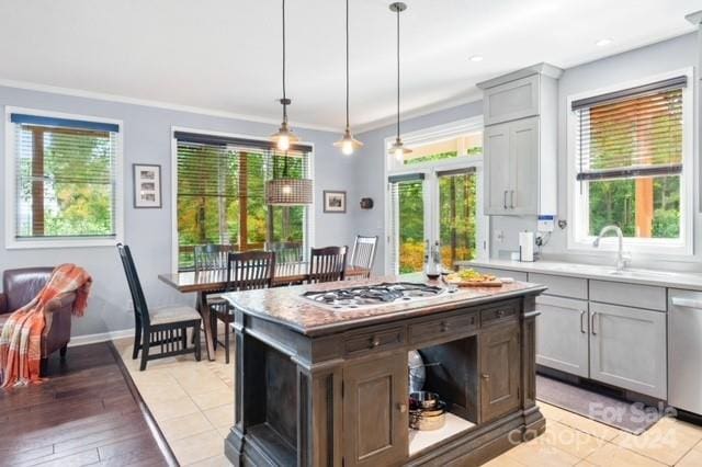 kitchen with plenty of natural light, hanging light fixtures, appliances with stainless steel finishes, and a kitchen island