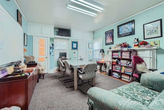 office space featuring carpet floors and ornamental molding