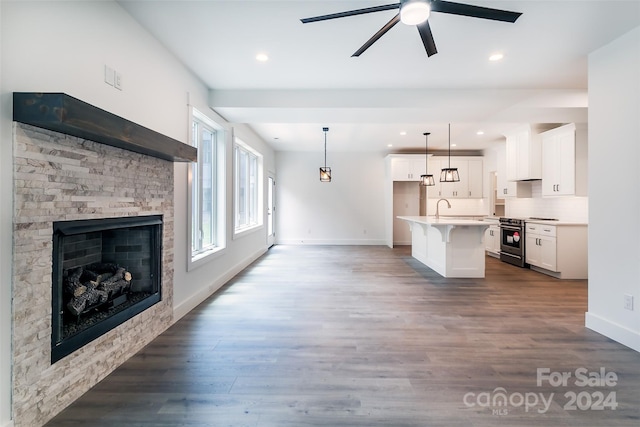 interior space with a stone fireplace, dark wood-type flooring, a sink, and baseboards