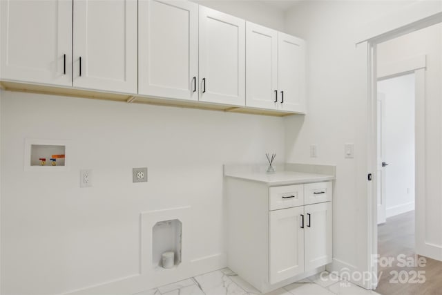 201 Plato Pl, Etowah, NC 28729 - clothes washing area with hookup for a washing machine, baseboards, cabinet space, electric dryer hookup, and marble finish floor