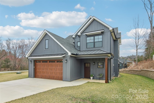 modern inspired farmhouse with a front lawn, a standing seam roof, board and batten siding, concrete driveway, and a shingled roof