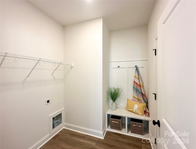 washroom with electric dryer hookup and dark hardwood / wood-style flooring