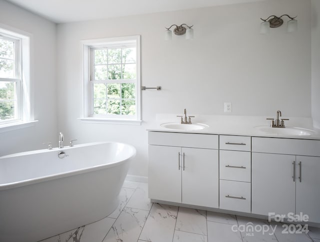 bathroom featuring a bathtub, a wealth of natural light, and vanity