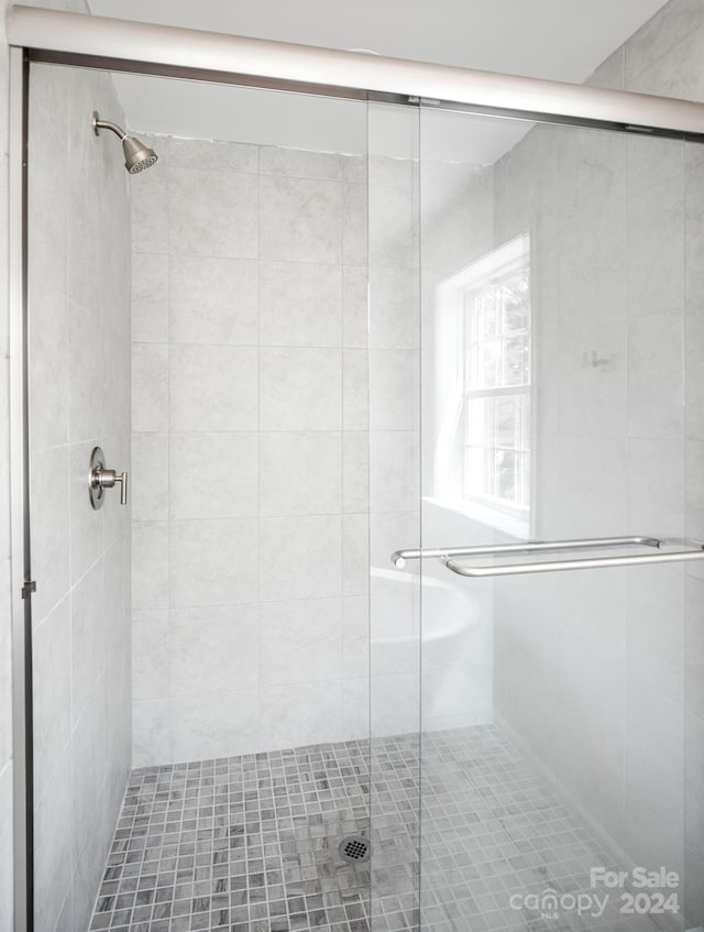 bathroom with a shower with shower door