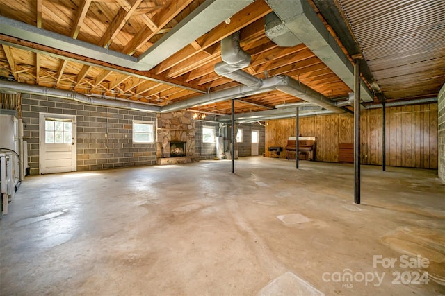 basement featuring a fireplace and plenty of natural light