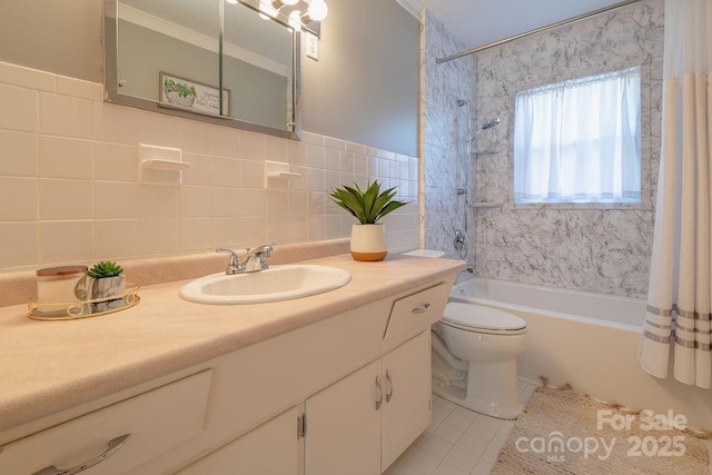 full bathroom featuring shower / bath combo, tile patterned floors, vanity, tile walls, and toilet