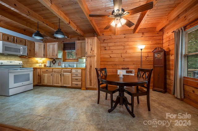 dining space featuring ceiling fan, wooden ceiling, beam ceiling, and wooden walls