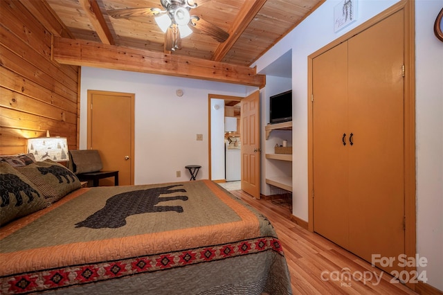 bedroom featuring ceiling fan, wood ceiling, and beamed ceiling