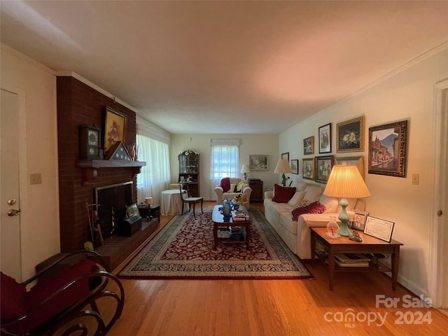 living room with hardwood / wood-style flooring and a fireplace