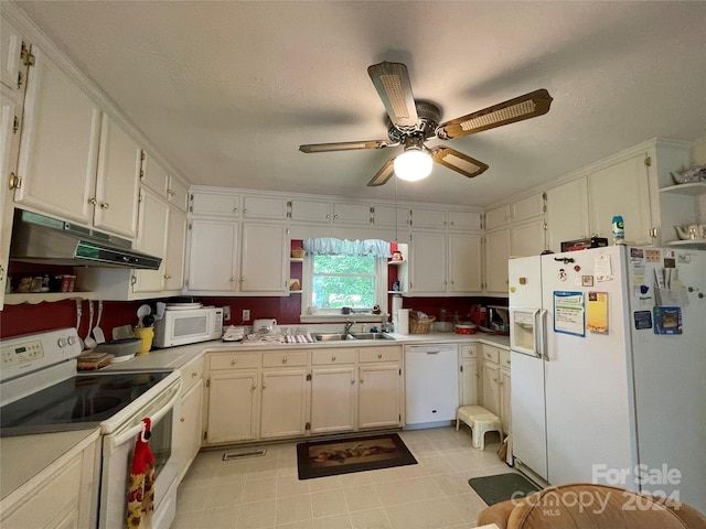 kitchen featuring ceiling fan, sink, white appliances, and white cabinets