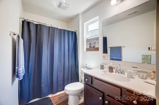 bathroom featuring toilet, wood-type flooring, and vanity