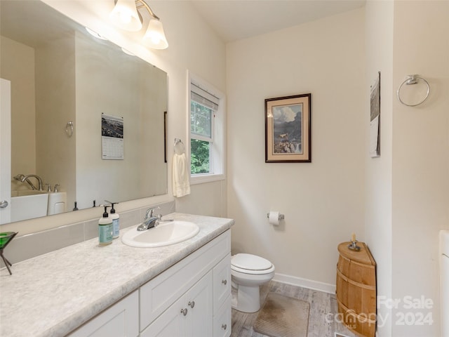 bathroom with toilet, hardwood / wood-style floors, and vanity