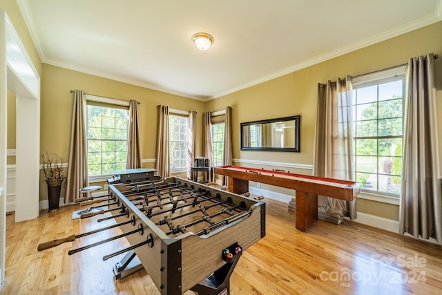 playroom with light hardwood / wood-style floors and ornamental molding