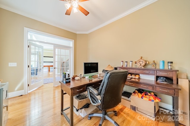 office with french doors, light wood-type flooring, ceiling fan, and ornamental molding