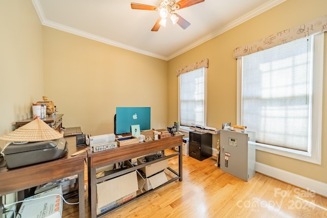 home office featuring light wood-type flooring, plenty of natural light, and crown molding