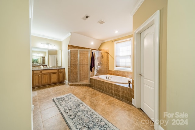 bathroom featuring vanity, plus walk in shower, and vaulted ceiling