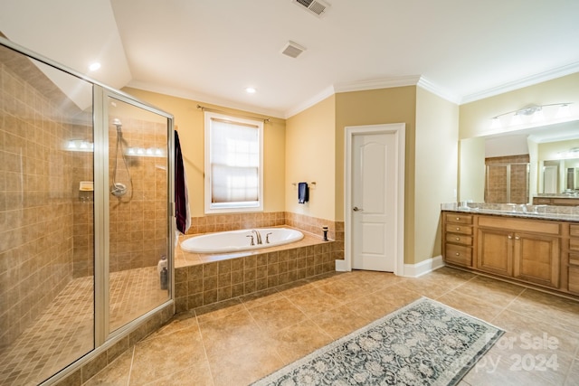 bathroom featuring vanity, independent shower and bath, and ornamental molding