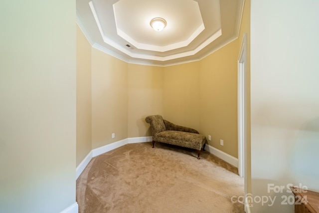 sitting room featuring a raised ceiling, light colored carpet, and crown molding