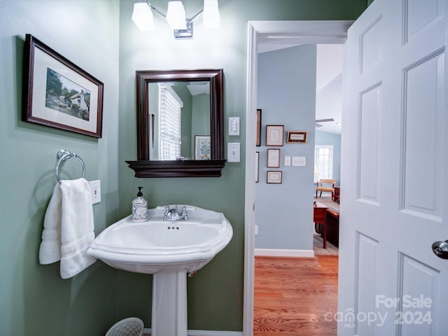 bathroom featuring hardwood / wood-style flooring and lofted ceiling