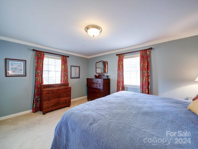 carpeted bedroom featuring crown molding and multiple windows