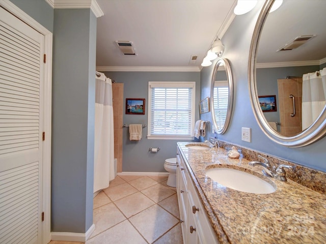 bathroom featuring vanity, crown molding, tile patterned flooring, a shower with shower curtain, and toilet