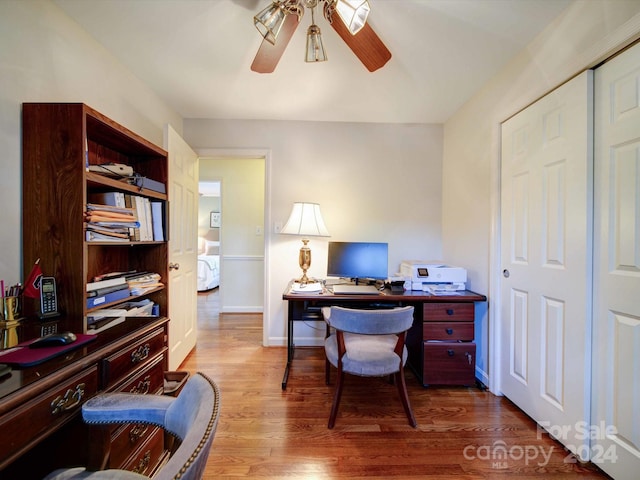 office area featuring ceiling fan and wood-type flooring