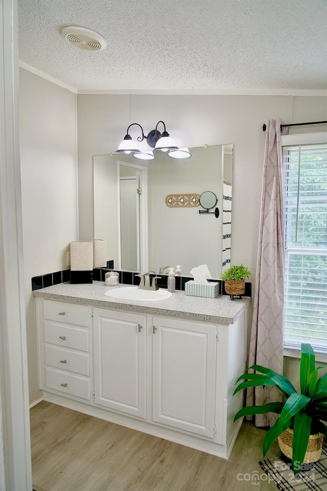 bathroom featuring hardwood / wood-style flooring, plenty of natural light, a textured ceiling, and vanity