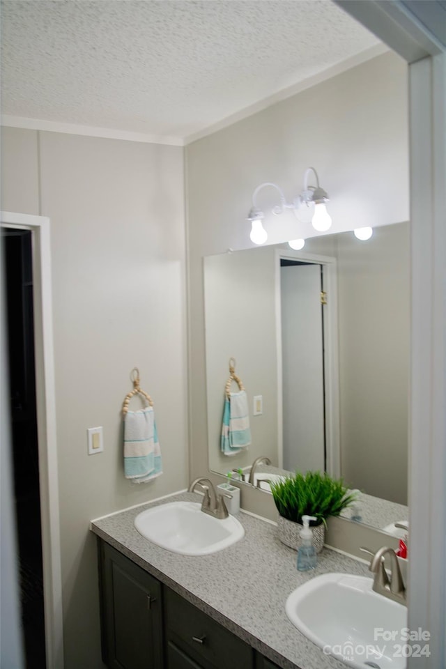 bathroom with vanity, crown molding, and a textured ceiling