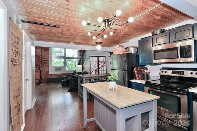 kitchen with wooden ceiling, a kitchen island, stainless steel appliances, brick wall, and a chandelier