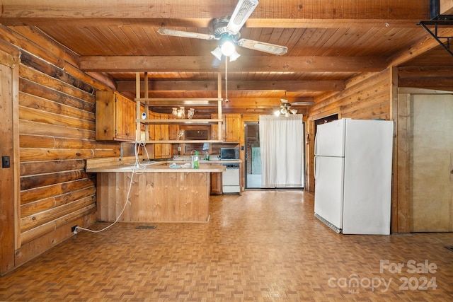 kitchen featuring rustic walls, wooden ceiling, beamed ceiling, kitchen peninsula, and white appliances