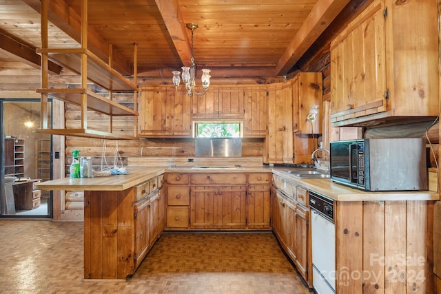 kitchen featuring pendant lighting, sink, beamed ceiling, wood ceiling, and a chandelier