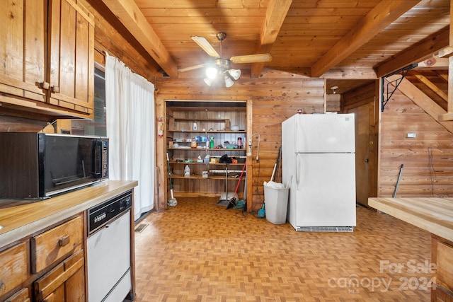 kitchen featuring beamed ceiling, white appliances, ceiling fan, and wooden ceiling