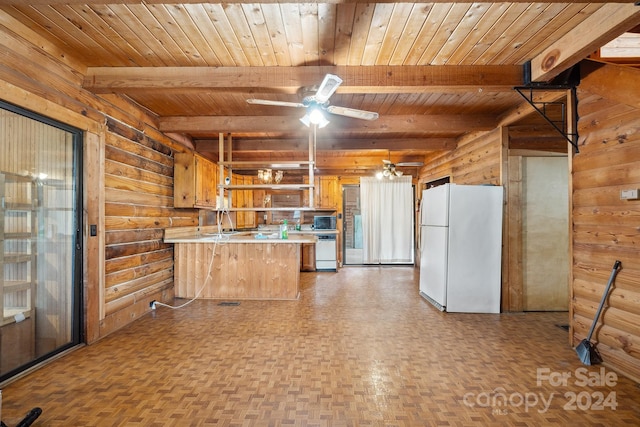 kitchen featuring white fridge, kitchen peninsula, log walls, and wooden ceiling