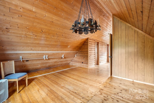 bonus room with wood-type flooring, vaulted ceiling, wood ceiling, and wood walls