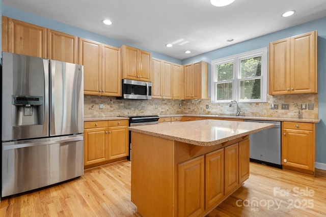 kitchen featuring a center island, decorative backsplash, sink, light hardwood / wood-style flooring, and appliances with stainless steel finishes